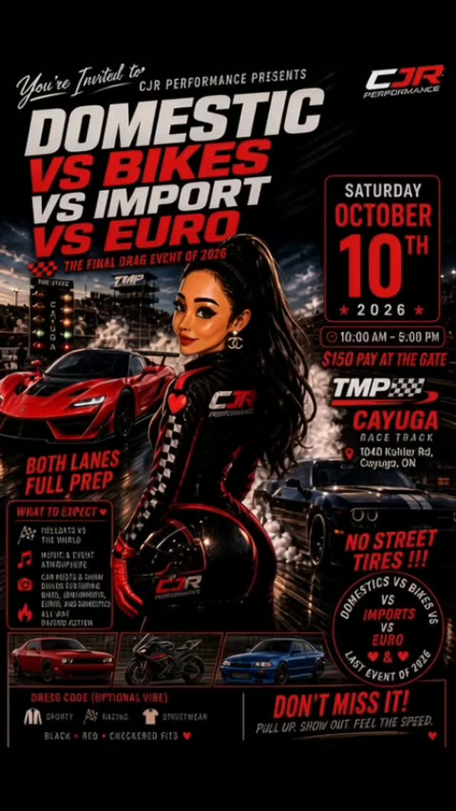 Domestic vs Bikes vs Import vs Euro, last drag event of 2026, Oct 10 at TMP Cayuga