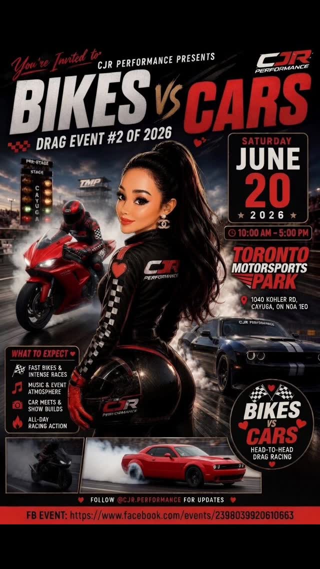 Bikes vs Cars drag event, June 20, 2026 at TMP Cayuga